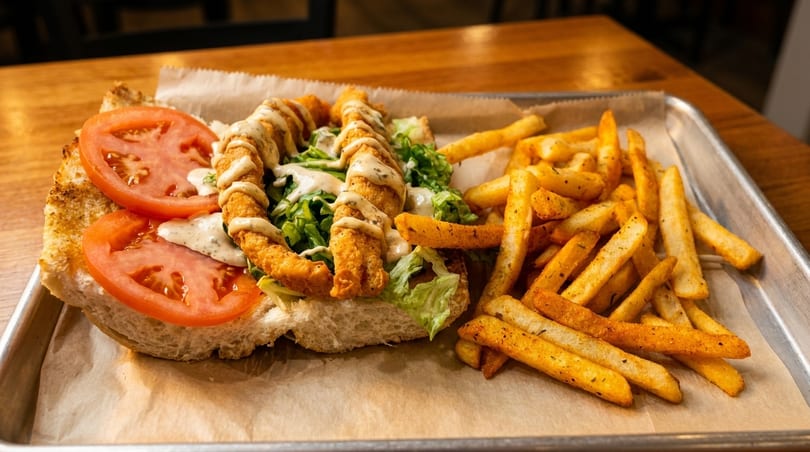 Crispy fried shrimp po'boy with lettuce, tomato, and sauce, served with seasoned fries on a tray.