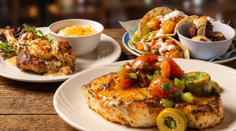 Grilled fish with tomatoes and olives, shrimp and grits, and tacos on a wooden table.