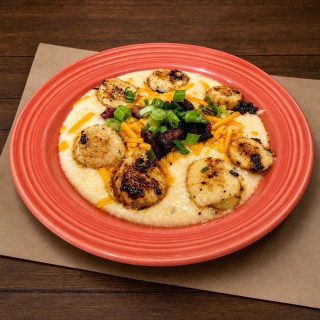 Cajun Scallops w/ Tasso Cheese Grits.